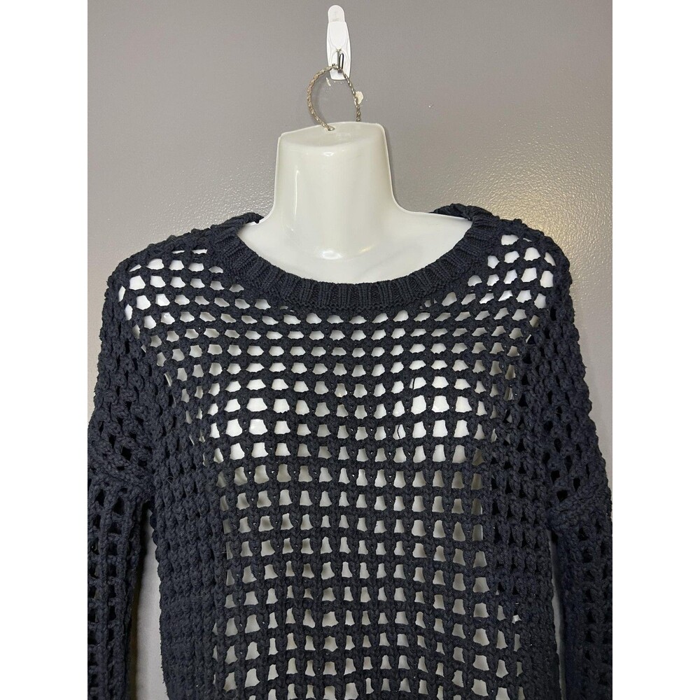 Express Sweater Womens XS Black Crochet Open Knit Crew Neck Sheer Pullover